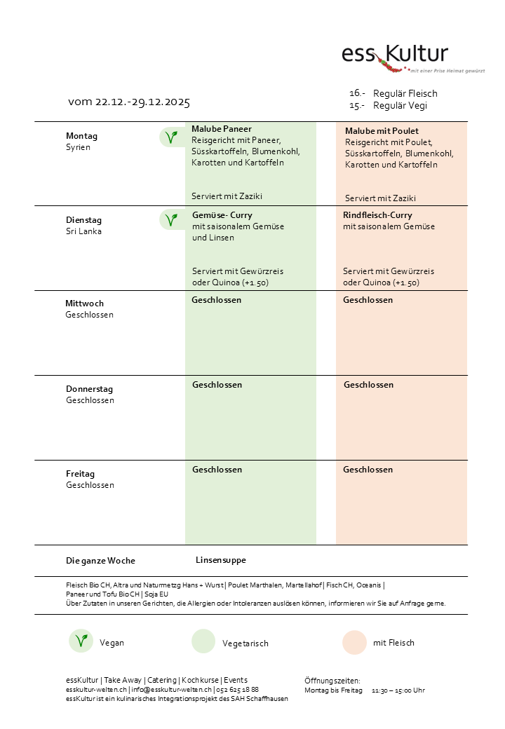 22.12.-26.12.2025 Wochenmenu essKultur