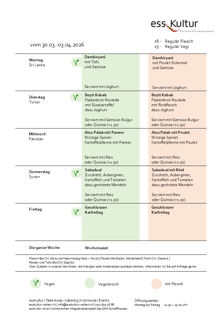 30.03.-03.04.2026 Wochenmenu essKultur